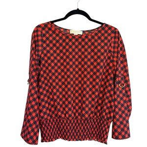 MICHAEL Michael Kors Red & Black Houndstooth Long Sleeve Blouse w/ Tapper Waist